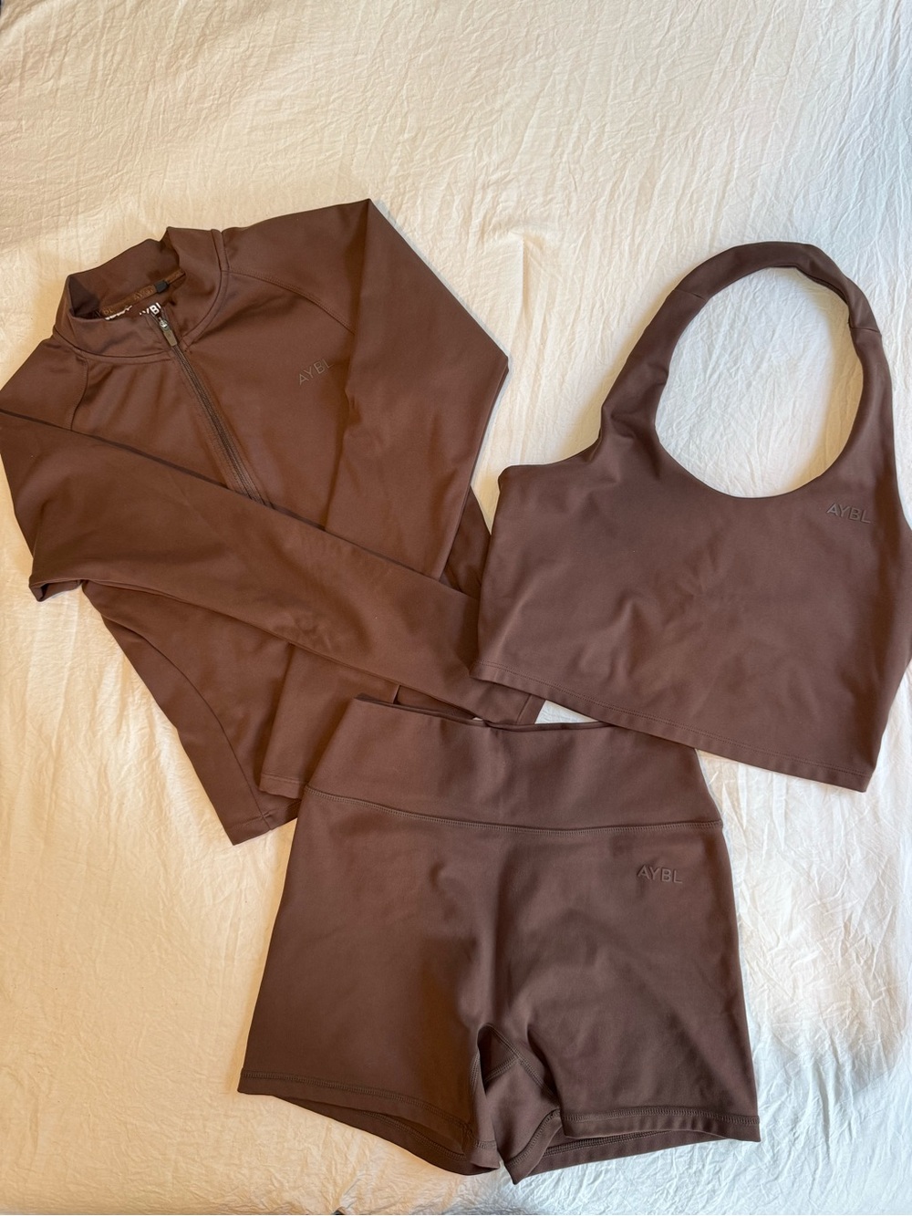 AYBL Brown 3-Piece Active Set - Zip Jacket, Crop Tank & High-Rise Shorts